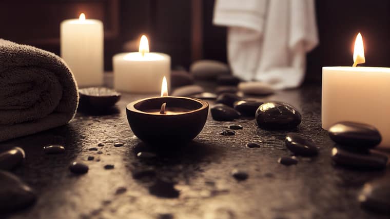 Velas, pedras e toalha num ambiente quente de spa